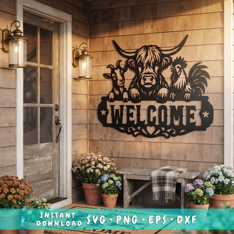 Farm Animals Welcome Sign Laser SVG | Highland Cow Goat Rooster Metal Wall Art DXF | CNC Plasma Laser Cut File | Rustic Farmhouse Decor SVG HappyDesignStudio 