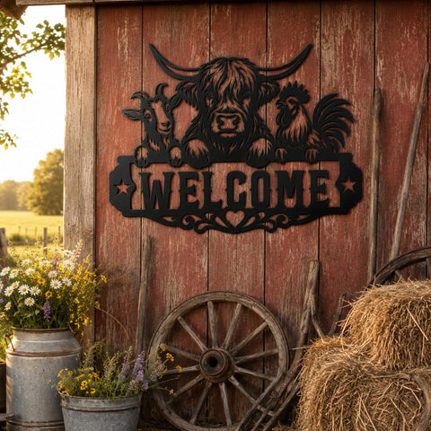 Farm Animals Welcome Sign Laser SVG | Highland Cow Goat Rooster Metal Wall Art DXF | CNC Plasma Laser Cut File | Rustic Farmhouse Decor SVG HappyDesignStudio 