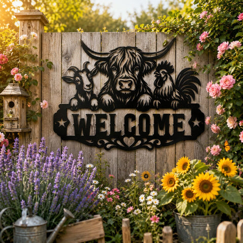 Farm Animals Welcome Sign Laser SVG | Highland Cow Goat Rooster Metal Wall Art DXF | CNC Plasma Laser Cut File | Rustic Farmhouse Decor SVG HappyDesignStudio 