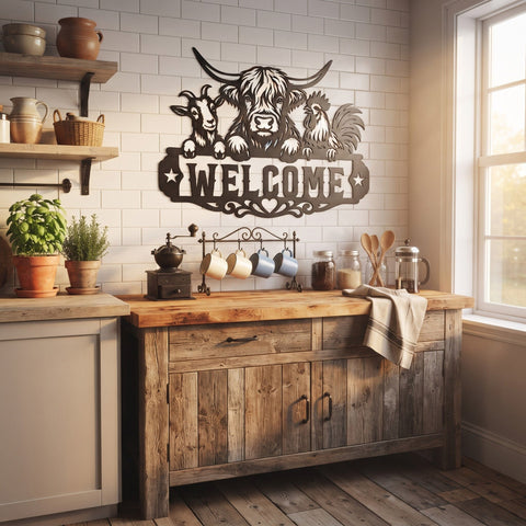 Farm Animals Welcome Sign Laser SVG | Highland Cow Goat Rooster Metal Wall Art DXF | CNC Plasma Laser Cut File | Rustic Farmhouse Decor SVG HappyDesignStudio 