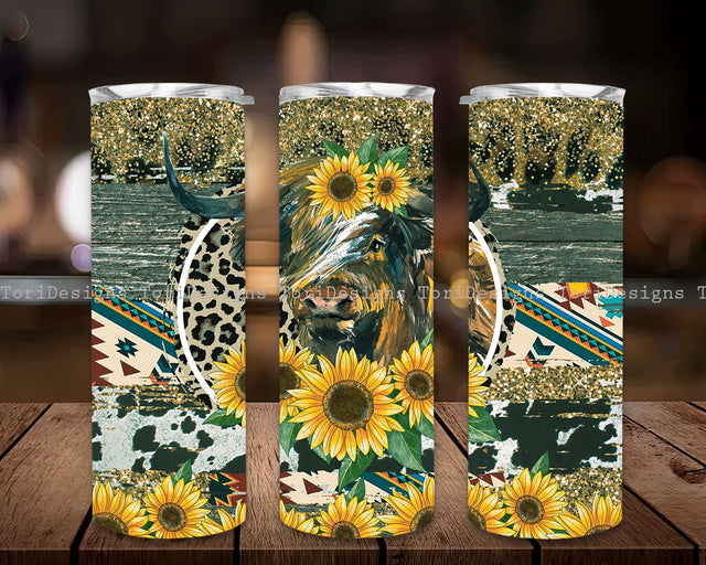 Farm Cow Leopard Sunflower 20oz Skinny Tumbler Design, Digital Download Sublimation PNG Sublimation ToriDesigns 