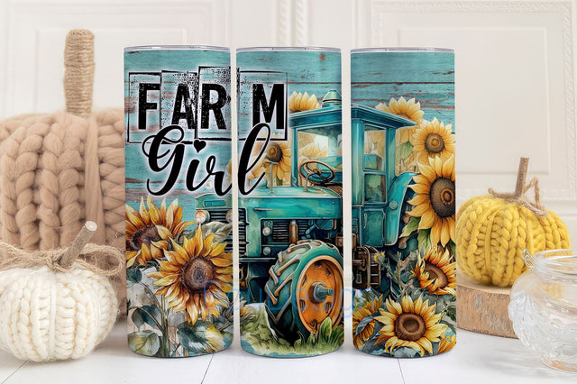 Farm Girl 20 oz Skinny Tumbler Sublimation Design Digital Download PNG Instant, Tractor Sunflower Tumbler Sublimation BouDesign 