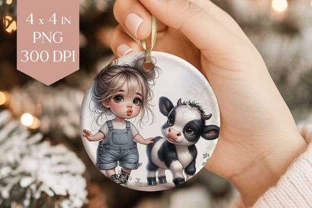 Farm Girl and Baby Cow Ornament PNG Sublimation BijouBay 
