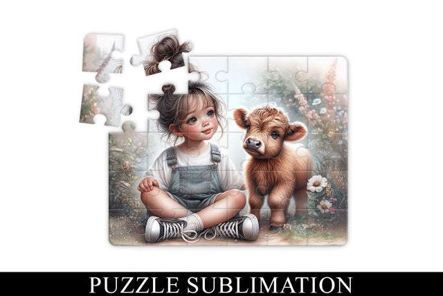 Farm Girl and Highland Calf Puzzle Sublimation PNG Sublimation BijouBay 