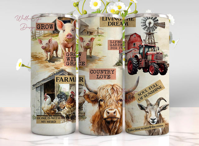 Farm Life 20oz Skinny Tumbler Wrap, Sublimation Design,Digital Download PNG, Highland Cow Tumbler Wrap, Chicken Tumbler, Pig Tumbler PNG, Sublimation WillowSageDesign 