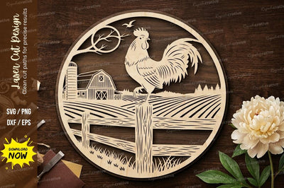 Farm Rooster Landscape Round Frame – Laser Cut Wooden Wall Art SVG Regulrcrative 