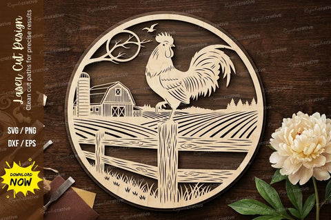 Farm Rooster Landscape Round Frame – Laser Cut Wooden Wall Art SVG Regulrcrative 