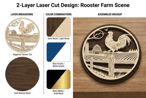 Farm Rooster Landscape Round Frame – Laser Cut Wooden Wall Art SVG Regulrcrative 