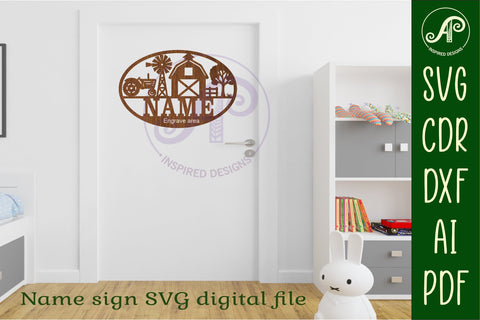 Farm scene themed name sign design for laser cutting SVG APInspireddesigns 