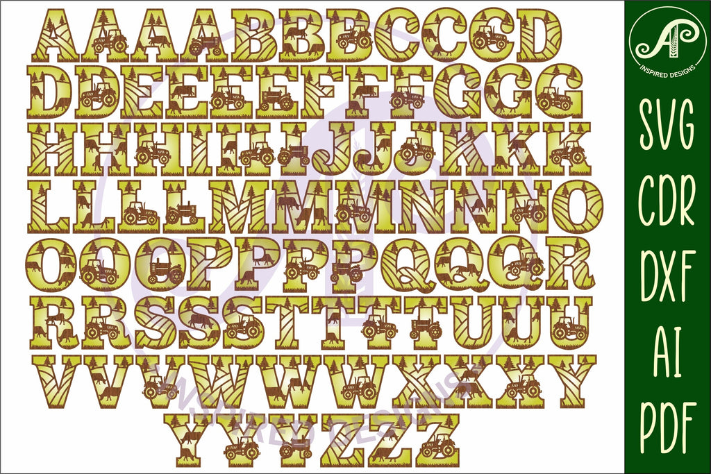 Farming Tools Lettering Farm tractor theme alphabet set. 2 layer 86 letters. - So Fontsy