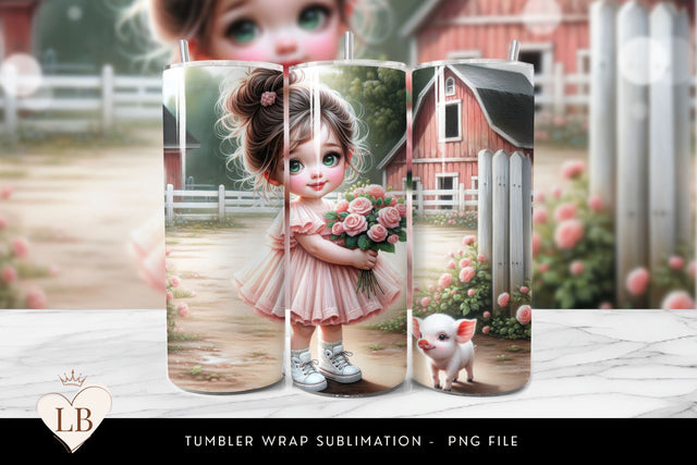 Farm Tumbler Wrap, Messy Bun Girl with Piglet and Roses Sublimation BijouBay 
