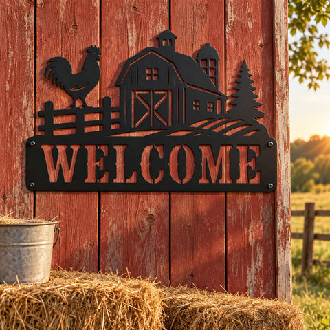Farm Welcome Sign Laser SVG | Barn Rooster Svg | Farmhouse Metal Sign | Plasma Cut DXF | CNC Farm Decor | Country Welcome Sign SVG HappyDesignStudio 