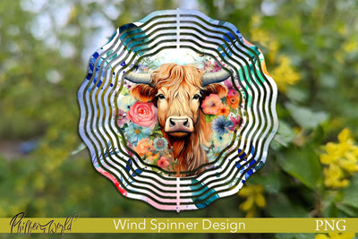 Farm Wind Spinner | Highland Cow with flowers Design Sublimation Pfiffen's World 