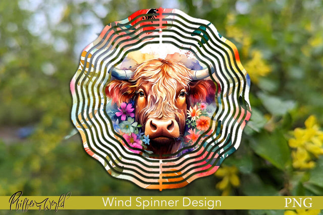 Farm Wind Spinner | Highland Cow with flowers PNG Sublimation Pfiffen's World 