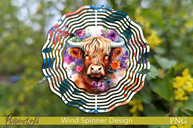Farm Wind Spinner | Highland Cow with flowers Sublimation Pfiffen's World 