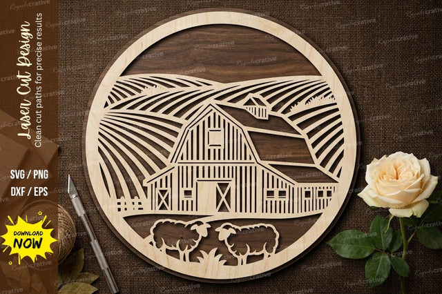 Farmhouse Barn Landscape Round Frame – Laser Cut Wooden Wall Art SVG Regulrcrative 