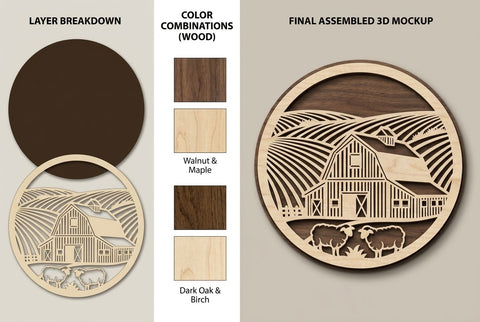 Farmhouse Barn Landscape Round Frame – Laser Cut Wooden Wall Art SVG Regulrcrative 