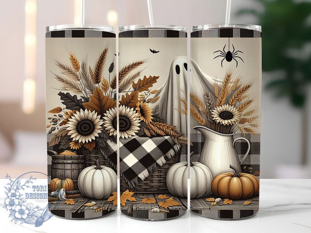 Farmhouse Checkerboard Ghost Tumbler, Checkerboard Ghost Cup, Neutral Fall Wrap, 20Oz Sublimation Design, Rustic Halloween Mug, Autumn Ghost Drinkware, Country Fall Tumbler Sublimation ToriDesigns 