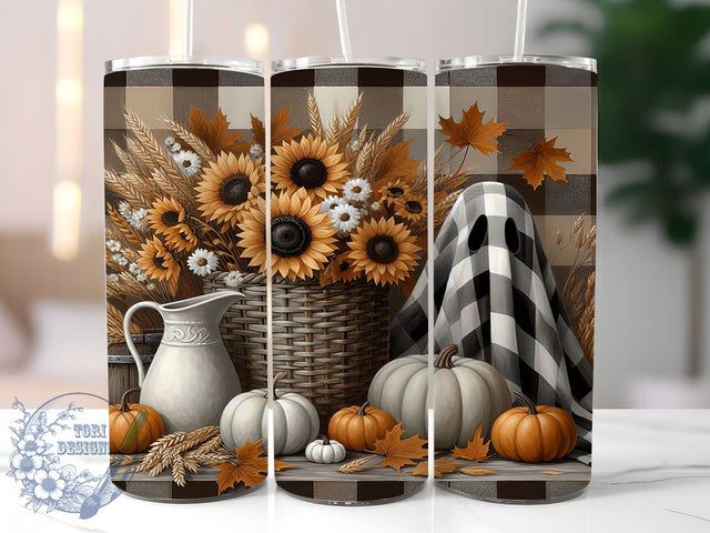 Farmhouse Checkerboard Ghost Tumbler, Checkerboard Ghost Cup, Neutral Fall Wrap, 20Oz Sublimation Design, Rustic Halloween Mug, Autumn Ghost Drinkware, Country Fall Tumbler Sublimation ToriDesigns 