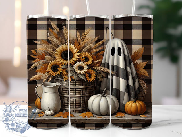 Farmhouse Checkerboard Ghost Tumbler, Checkerboard Ghost Cup, Neutral Fall Wrap, 20Oz Sublimation Design, Rustic Halloween Mug, Autumn Ghost Drinkware, Country Fall Tumbler Sublimation ToriDesigns 
