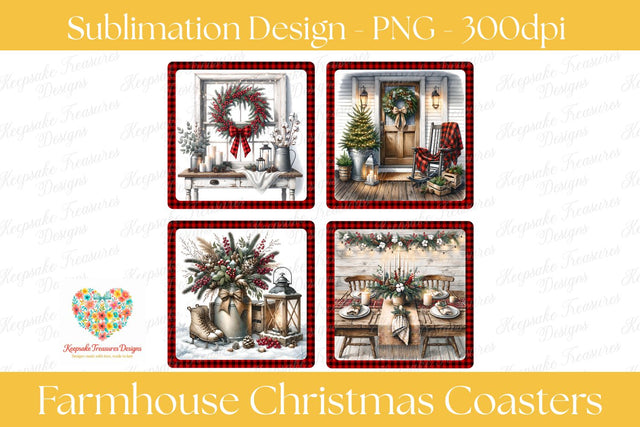Farmhouse Christmas Sublimation Coaster Set, Buffalo Plaid Rustic Holiday Sublimation Design, Digital Download 300 DPI Sublimation Keepsake Treasures Designs LLC. 