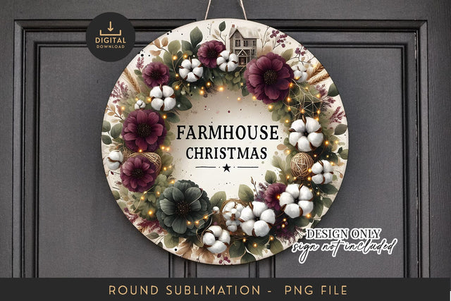 Farmhouse Christmas Sublimation PNG - Round Cotton Wreath Sublimation BijouBay 