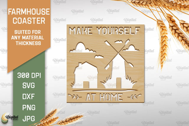 Farmhouse Coaster SVG. Wooden Coaster Laser Cut SVG Evgenyia Guschina 