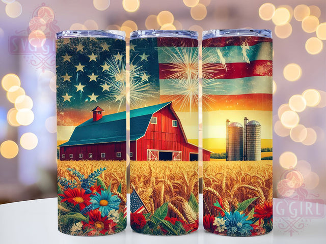 Farmhouse Patriotic July 4th Flag Tumbler, Farmhouse 4th of July, Patriotic Farm Tumbler, USA Flag Sublimation, 20oz July 4th Wrap, Independence Day Farm Design, Red White Blue Farm Tumbler Sublimation SvggirlplusArt 