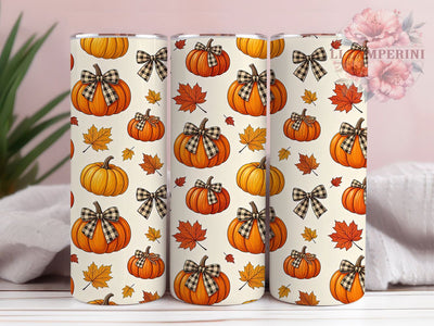 Farmhouse Pumpkin Bow Charm 20oz Tumbler, Pumpkin Motif, Bow Accent, Farmhouse Theme, Rustic Art Design, Cozy Flair, Sublimation Wrap, 20oz Tumbler Sublimation Li Zamperini 