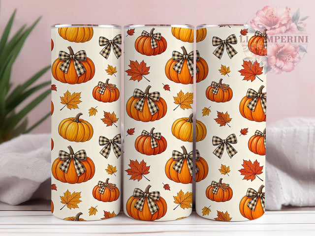 Farmhouse Pumpkin Bow Charm 20oz Tumbler, Pumpkin Motif, Bow Accent, Farmhouse Theme, Rustic Art Design, Cozy Flair, Sublimation Wrap, 20oz Tumbler Sublimation Li Zamperini 