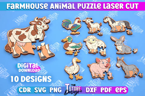 Farmhouse Puzzle Bundle | Animals Shape Puzzle Template | Baby Game | Wooden Design | CNC Files SVG The T Store Design 