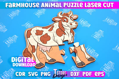 Farmhouse Puzzle | Cow Shape Puzzle Template | Baby Game | Wooden Design | CNC File SVG The T Store Design 