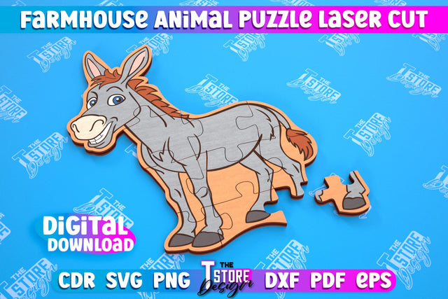 Farmhouse Puzzle | Donkey Shape Puzzle Template | Baby Game | Wooden Design | CNC File SVG The T Store Design 
