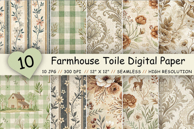 Farmhouse Toile Digital Paper Pack, Vintage Floral Toile, Gingham & Stripe Seamless Patterns, Scrapbooking & Printable Crafts Digital Pattern FloridPrintables 