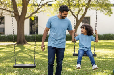 Father and child playing on swing t-shirt Mock Up Photo Regulrcrative 