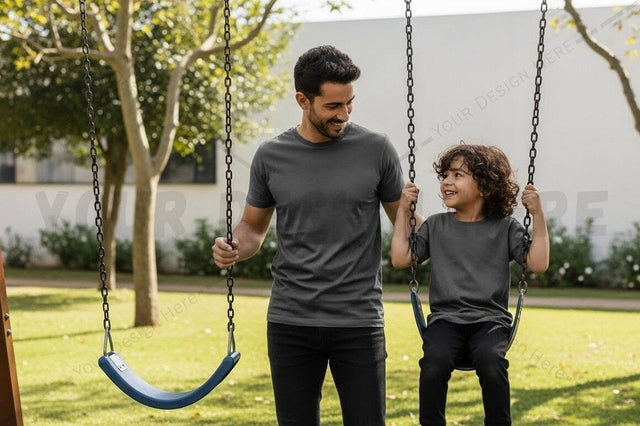Father and son swinging t-shirt design Mock Up Photo Regulrcrative 
