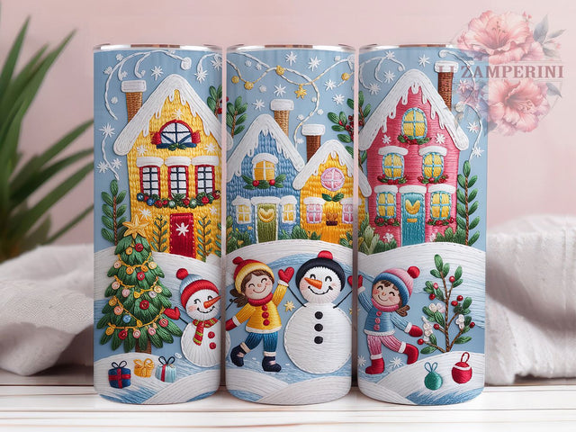 Faux Embroidered Christmas Town Tumbler, Holiday Town Wrap, Embroidery Style Sublimation, 20oz Christmas Town Tumbler, Festive Embroidered Art, Seasonal Town Mug, Whimsical Holiday Cup Sublimation Li Zamperini 