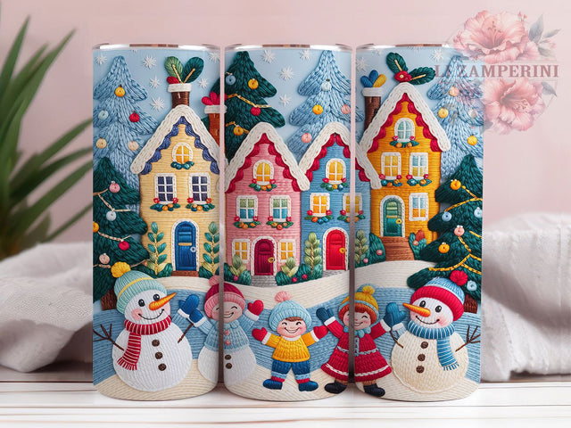 Faux Embroidered Christmas Town Tumbler, Holiday Town Wrap, Embroidery Style Sublimation, 20oz Christmas Town Tumbler, Festive Embroidered Art, Seasonal Town Mug, Whimsical Holiday Cup Sublimation Li Zamperini 