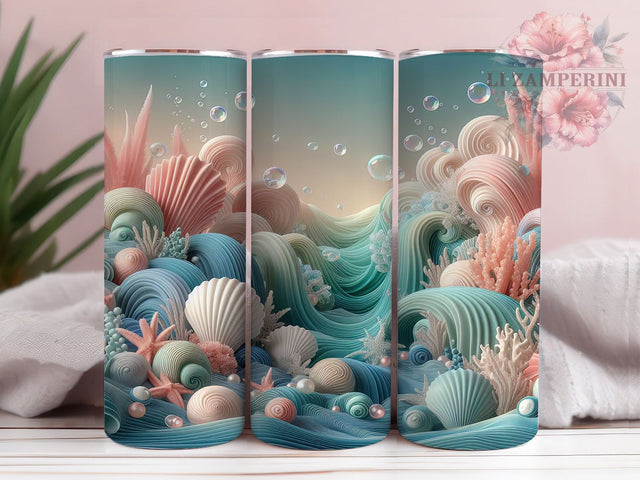 Faux Embroidered Coral Tumbler, Faux Stitched, Seashell Design, Coral Tumbler, Ocean Sublimation, Nautical Wrap, Marine Embroidery Sublimation Li Zamperini 