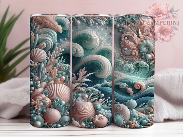 Faux Embroidered Coral Tumbler, Faux Stitched, Seashell Design, Coral Tumbler, Ocean Sublimation, Nautical Wrap, Marine Embroidery Sublimation Li Zamperini 