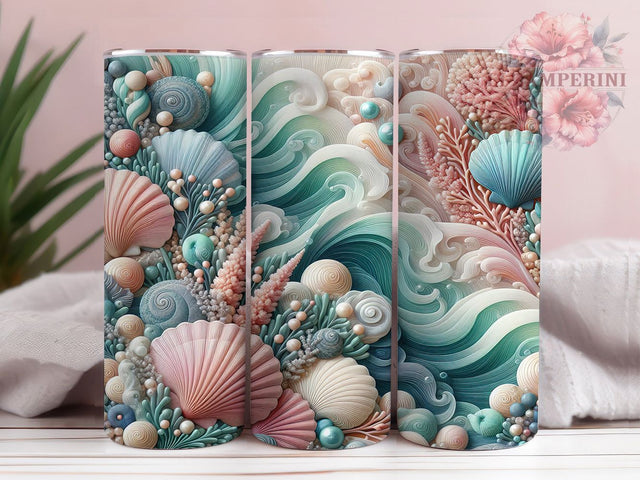 Faux Embroidered Coral Tumbler, Faux Stitched, Seashell Design, Coral Tumbler, Ocean Sublimation, Nautical Wrap, Marine Embroidery Sublimation Li Zamperini 