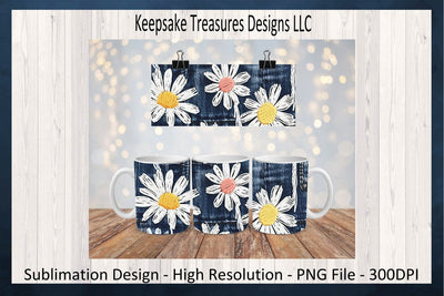 Faux Embroidery Daisies 11oz Mug Wrap Set, Denim Floral Sublimation Design, Coaster Included, Unique Gift Idea Sublimation Keepsake Treasures Designs LLC. 