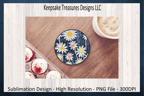 Faux Embroidery Daisies 11oz Mug Wrap Set, Denim Floral Sublimation Design, Coaster Included, Unique Gift Idea Sublimation Keepsake Treasures Designs LLC. 