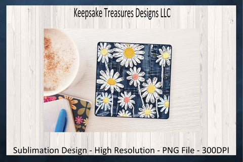 Faux Embroidery Daisies 11oz Mug Wrap Set, Denim Floral Sublimation Design, Coaster Included, Unique Gift Idea Sublimation Keepsake Treasures Designs LLC. 