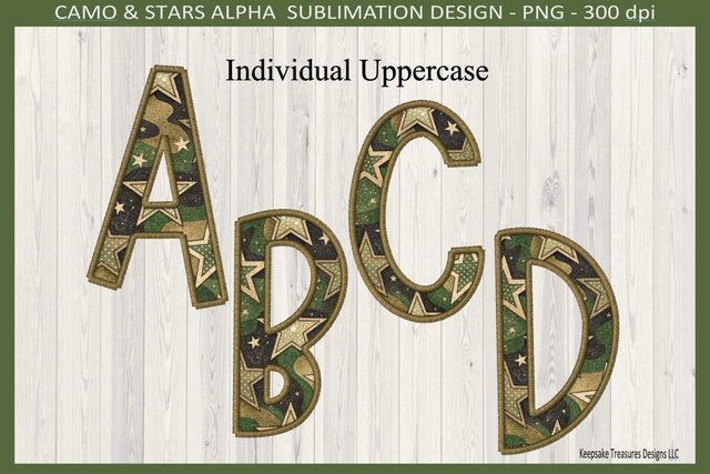 Faux Embroidery Green Camo and Stars Alphabet Set, Sublimation Individual Png, Digital Download Sublimation Keepsake Treasures Designs LLC. 
