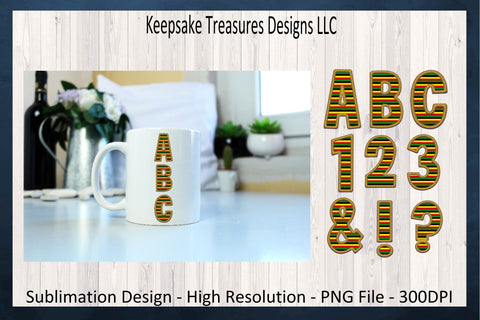 Faux Embroidery Stripe Alphabet and Numbers, Gold Border with Stripe Pattern, Classic, Stitch Alpha, Individual PNG, Digital Download Sublimation Keepsake Treasures Designs LLC. 