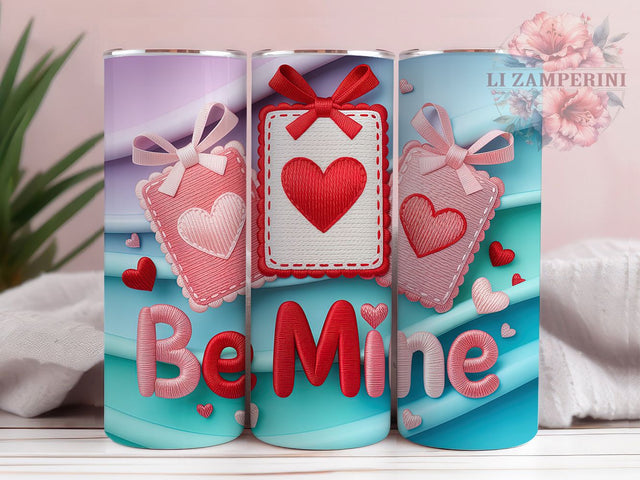 Faux Yarn Be Mine Tumbler, Yarn Valentine Wrap, Cozy Handmade Cup, 20oz Sublimation Wrap, Stylish Valentine Design Tumbler, Artistic Yarn Heart Cup, Whimsical Faux Yarn Love Theme Wrap Sublimation Li Zamperini 