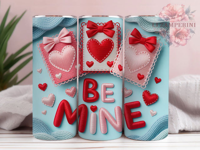 Faux Yarn Be Mine Tumbler, Yarn Valentine Wrap, Cozy Handmade Cup, 20oz Sublimation Wrap, Stylish Valentine Design Tumbler, Artistic Yarn Heart Cup, Whimsical Faux Yarn Love Theme Wrap Sublimation Li Zamperini 