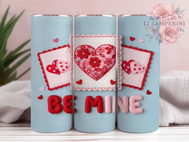 Faux Yarn Be Mine Tumbler, Yarn Valentine Wrap, Cozy Handmade Cup, 20oz Sublimation Wrap, Stylish Valentine Design Tumbler, Artistic Yarn Heart Cup, Whimsical Faux Yarn Love Theme Wrap Sublimation Li Zamperini 