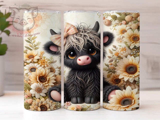 Faux Yarn Highland Cow Tumbler, Black and White Highland Cow Sublimation Design, Rustic Cow Flower Art, 20oz Country Tumbler, Whimsical Cow Mug, Elegant Floral Cow Cup, Cozy Yarn Cow Wrap Sublimation Lara' s Designs 